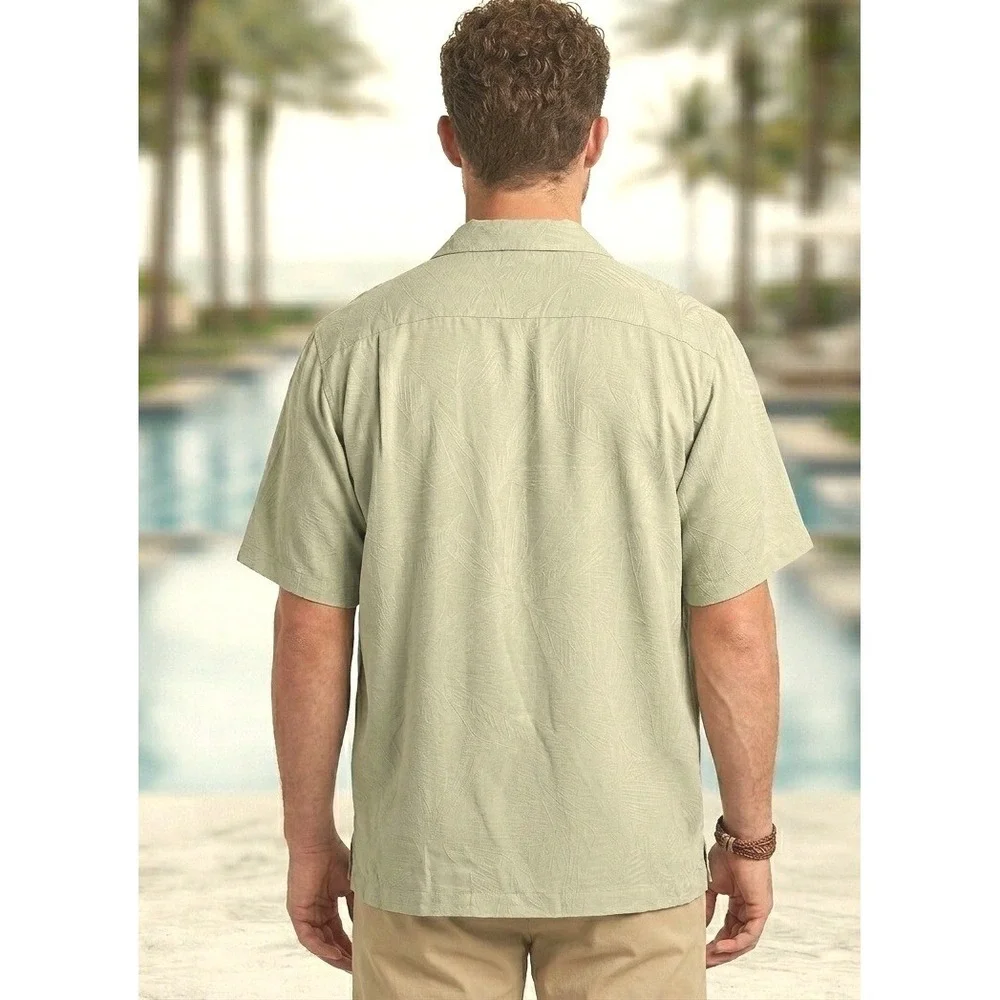 Tommy Bahama Silk Tropical Leaf Camp Shirt Mens Size XL Green Jacquard EUC